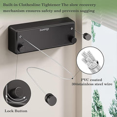 Retractable Clothesline Indoor, Non-Sagging Twin Clothes Line Retracting Outdoor Heavy Duty Clothes Drying Laundry Line Wall Mounted Stainless Steel Double Line-13.8 ft(Black)